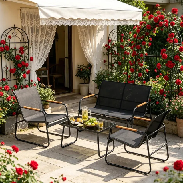 MEUNIQ Loungeset voor 4 personen met 2-zitsbank, 2 stoelen en tafel van gehard glas – metalen frame, polyester zittingen, zwart – voor tuin en terras
