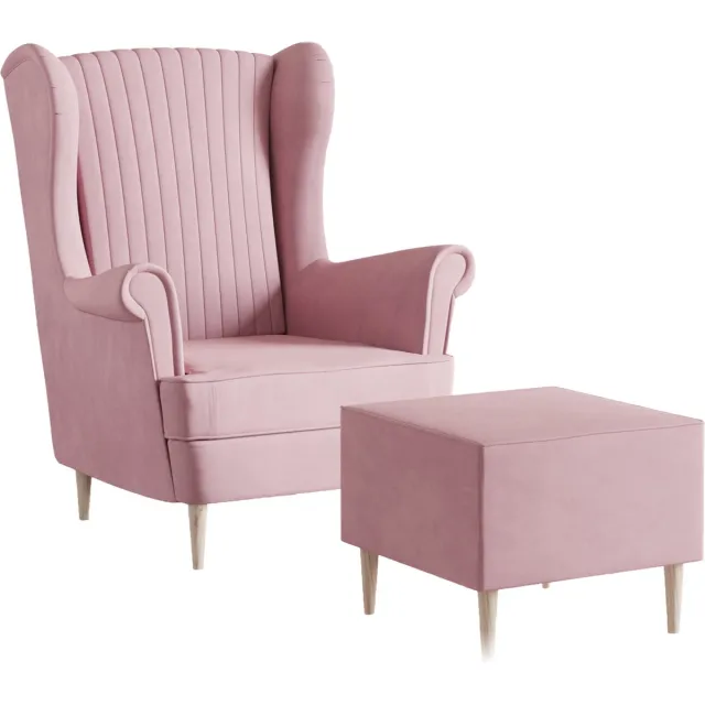 AJE Meubles B.V. Ohrensessel, fauteuil van fluweel, stoel, zitmeubel, gestoffeerde fauteuil, relaxfauteuil - Fauteuil Comfy met Hocker - Roze (Manila 09)