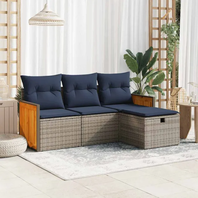 vidaXL 4-delige Loungeset met kussens poly rattan grijs, foto 2