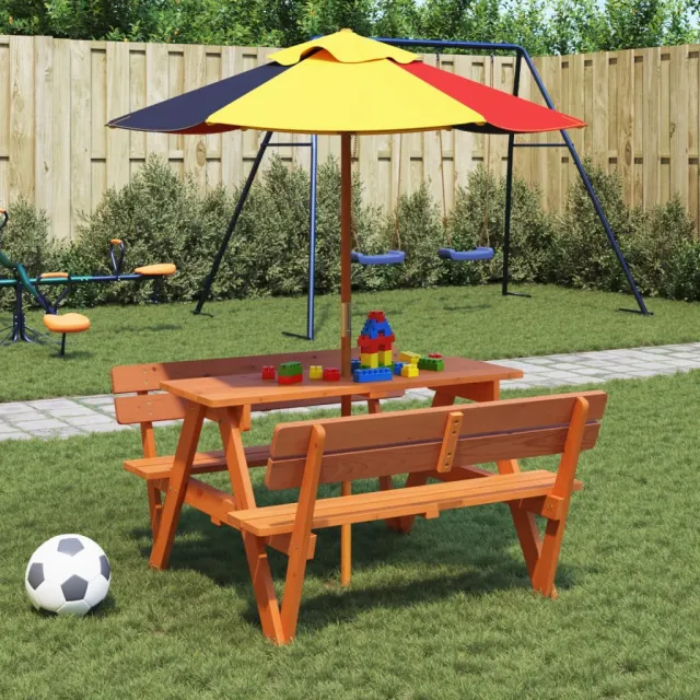 vidaXL Picknicktafel voor 4 kinderen met parasolgat massief vurenhout bruin, foto 3