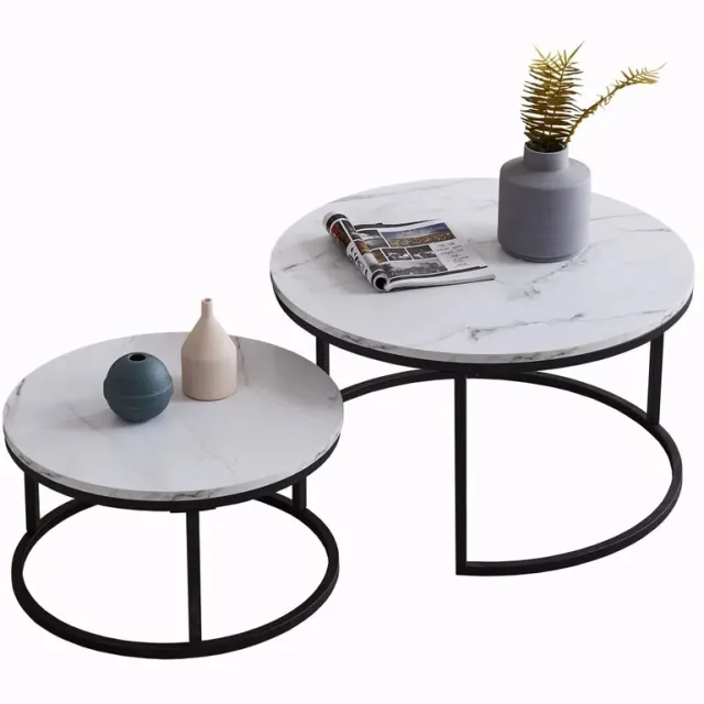 emvae Salontafel - Set van 2 - Koffietafel - Salontafel Rond - Bijzettafel - Zwart met Marmer - 80 x 45 & 60 x 33