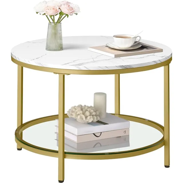 Songmic Salontafel, woonkamertafel, voor woonkamer, met glazen blad, veel opbergruimte, eenvoudige montage, moderne stijl, marmeren wit-licht goud - Vasagle LCT072W59