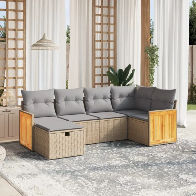 vidaXL 6-delige Loungeset met kussens poly rattan gemengd beige, foto 2