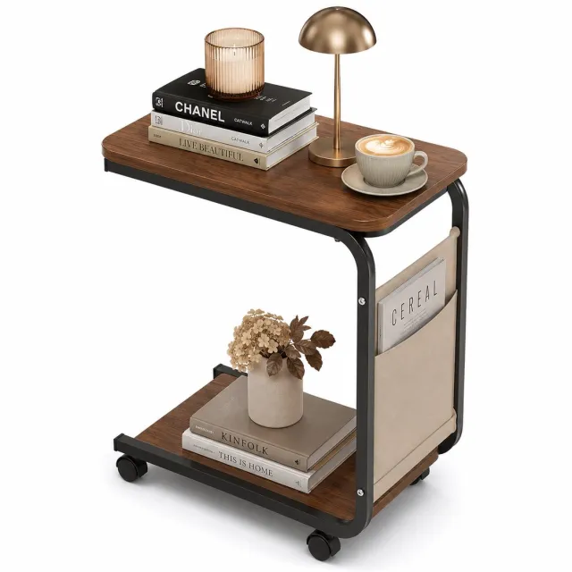 HomeGoodies Bijzettafel - Sidetable - Banktafel - Sofatafel - Met opbergtas - Modern - Hout - Metaal - 40X28X63 - Industrieel Bruin