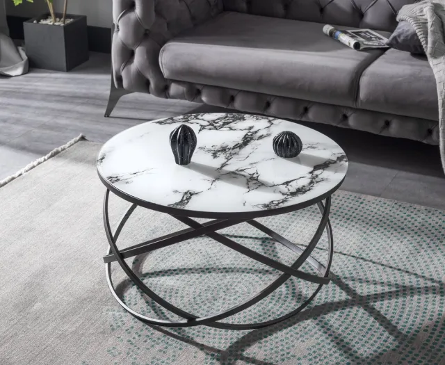 Swiss Homess Swiss Homes | Salontafel - Wit (White) - Glas | Marmer Look - Ø75 / Ø 75 / Ø 44 cm - Bijzettafel - Tafel Rond - Woonkamer Tafel - Decoratie Tafel - Salon Tafel - Wandtafel - Koffietafel - Zwart Metalen Frame