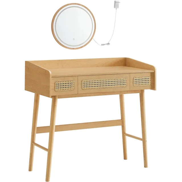 Smyl. Kaptafel - Make Up Tafel - Kaptafel met Spiegel - Met Verlichting, 3 Standen - Rotan Stijl - 43 x 90 x 82 cm - 3 Lades - Slaapkamer Hout