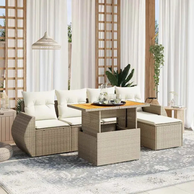 vidaXL 6-delige Loungeset met kussens poly rattan beige, foto 2