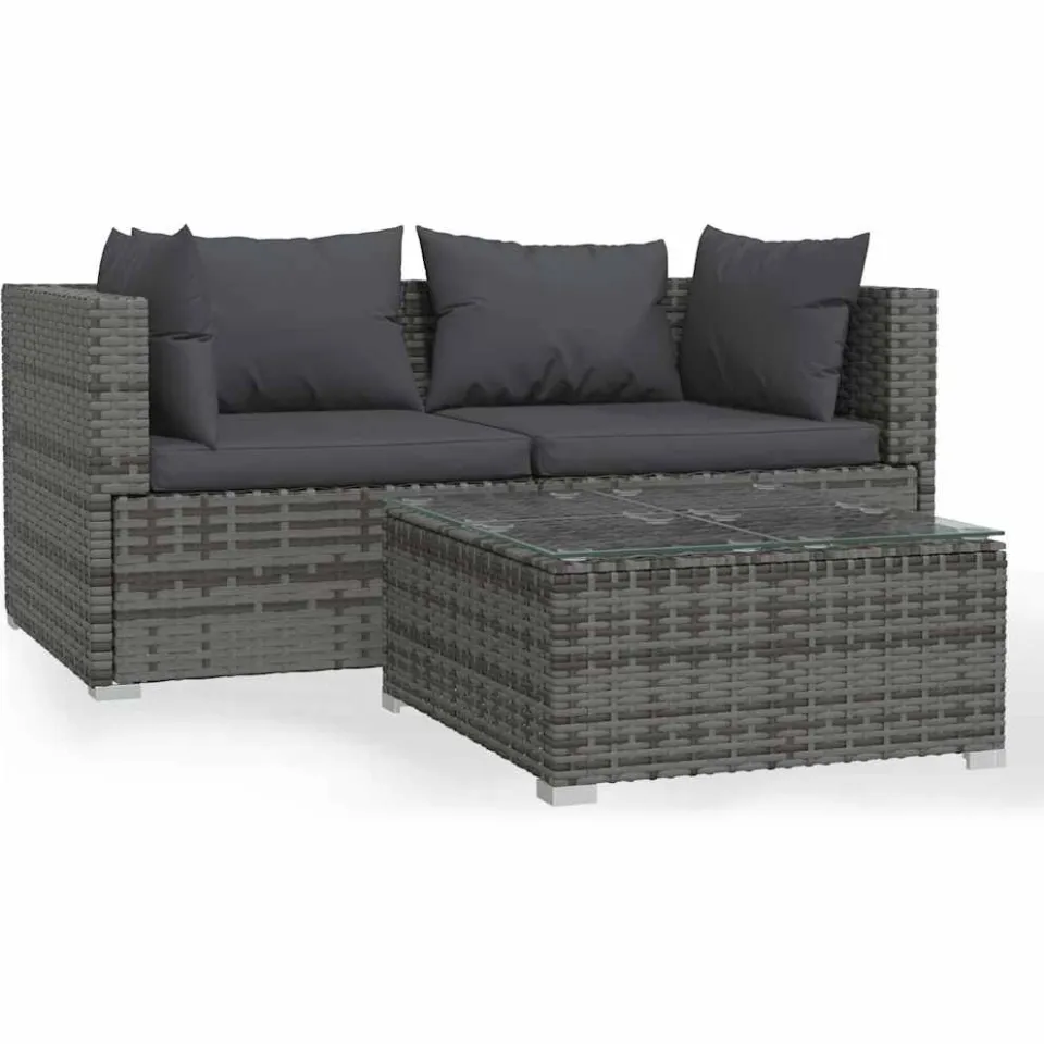 vidaXL 3-delige Loungeset met kussens poly rattan grijs, foto 3