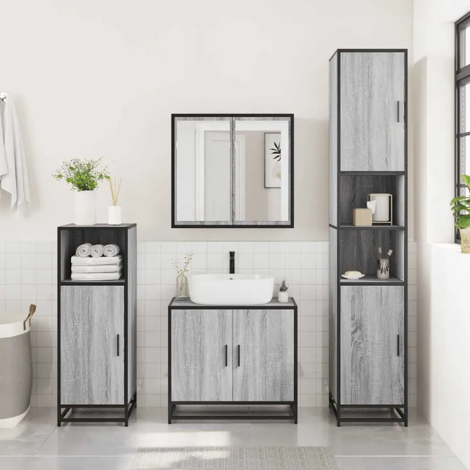 vidaXL 3-delige Badkamermeubelset bewerkt hout grijs sonoma eikenkleur, foto 2