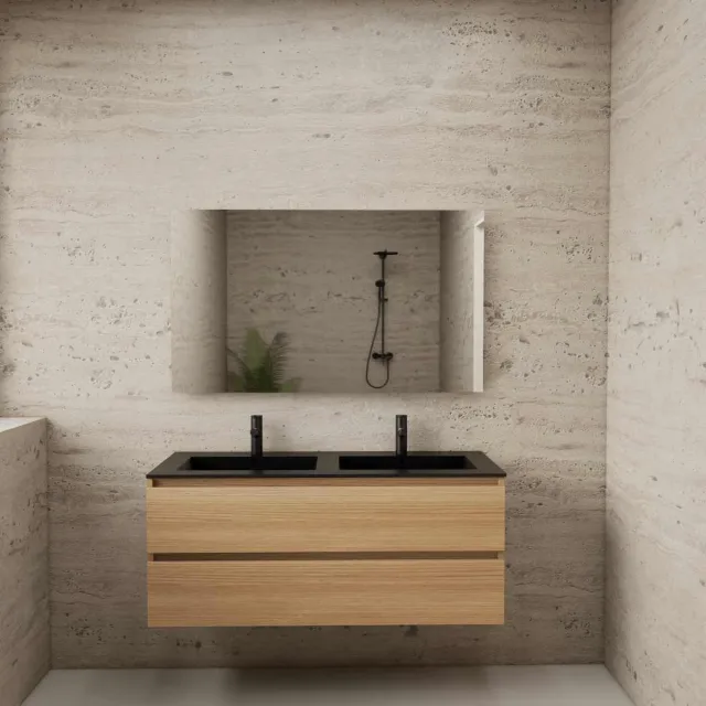 Boss & Wessing ACTIE BWS Badmeubel | Paris | Naturel Eiken 120 cm | Mat Zwart Wastafel | 2 Kraangaten