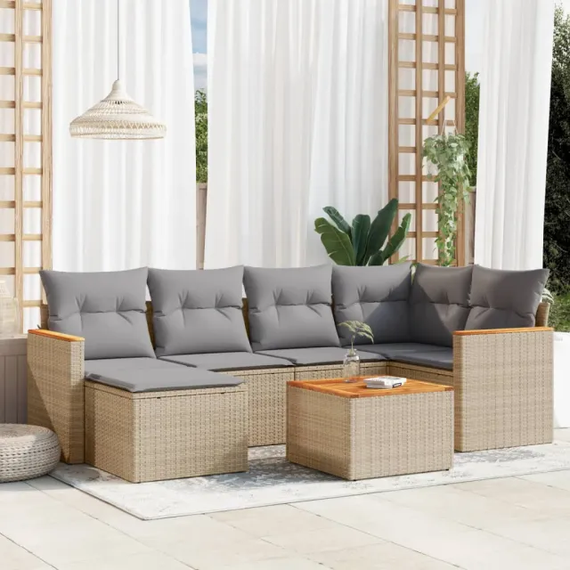 vidaXL 7-delige Loungeset met kussens poly rattan beige, foto 2
