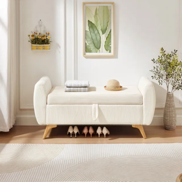 REDOM Opbergbank - Zachte corduroy bekleding - Ingebouwde opbergruimte - Opklapbaar - Moderne stijl - Slaapkamer woonkamer en hal - Houten poten - Beige - 145 x 51 x 57 cm