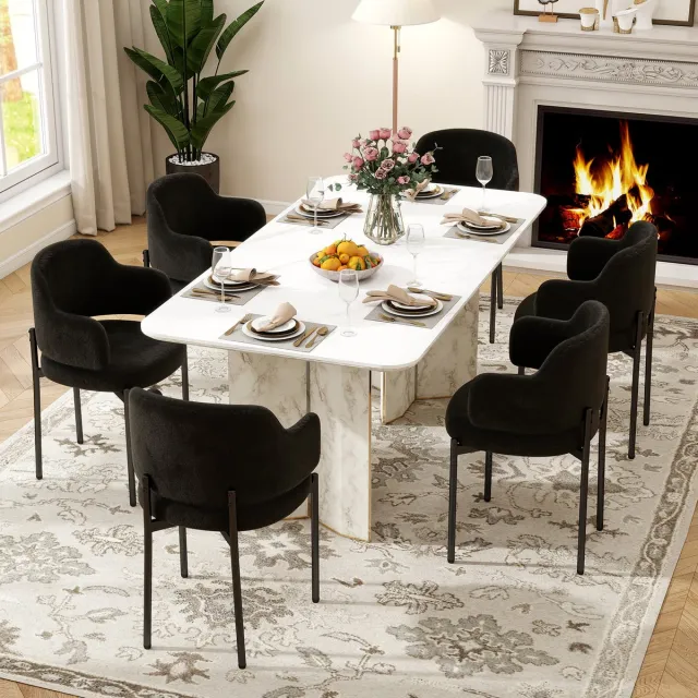 Puluomis Eetkamerstoelen - Set van 6 - Teddy Fleece - Metalen poten - Gevoerde zitkussens - Gebogen rugleuning armleuning - Zwart