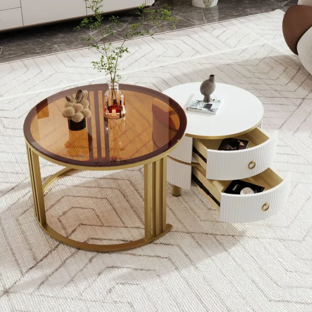 Sweiko Salontafel, Medium density Vezelplaat 2-in-1 Ronde Salontafel, gehard glas randtafel met 1 Wit tafelblad en 1 Bruin tafelblad, salontafel combinatie met 2 lades in de woonkamer, 70x70x45 en 50x50x40 centimeter