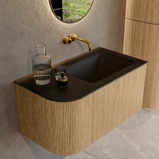 Mondiaz KURVE 85 cm Onderkast Greeploos 1 Lade Met Deuren Oak, Wastafel Solid Surface Rechts Urban 0 Kraangaten Zonder Spiegel (KRVCLO85L1L1D0KR-Oak/Urb)