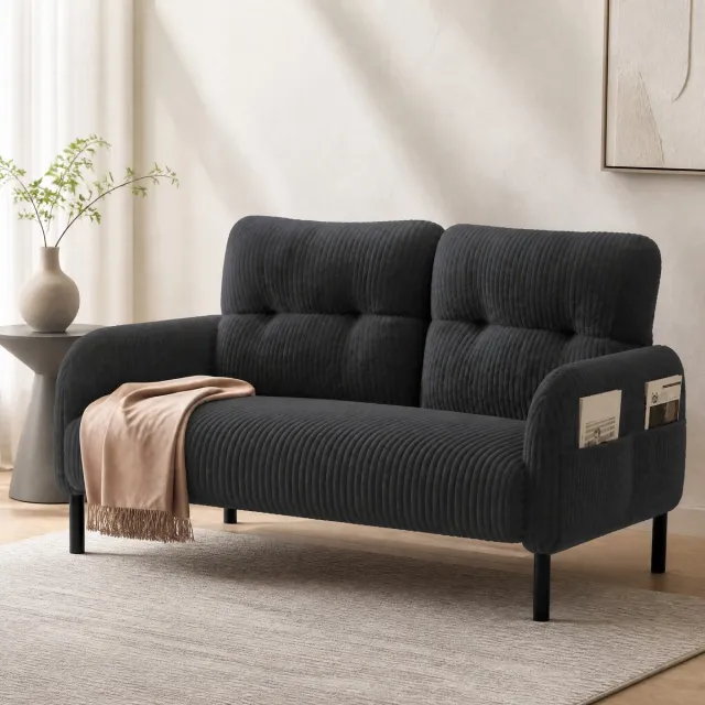 MEUNIQ 2-zits bank 120 x 75 x 79 cm met hoge rugleuning, armleuningen, zijtas en metalen poten, cordstof bank voor woonkamer, slaapkamer of werkkamer, grijs