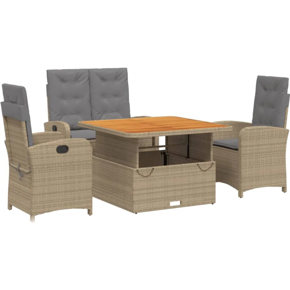 vidaXL 4-delige Tuinset met kussens poly rattan beige