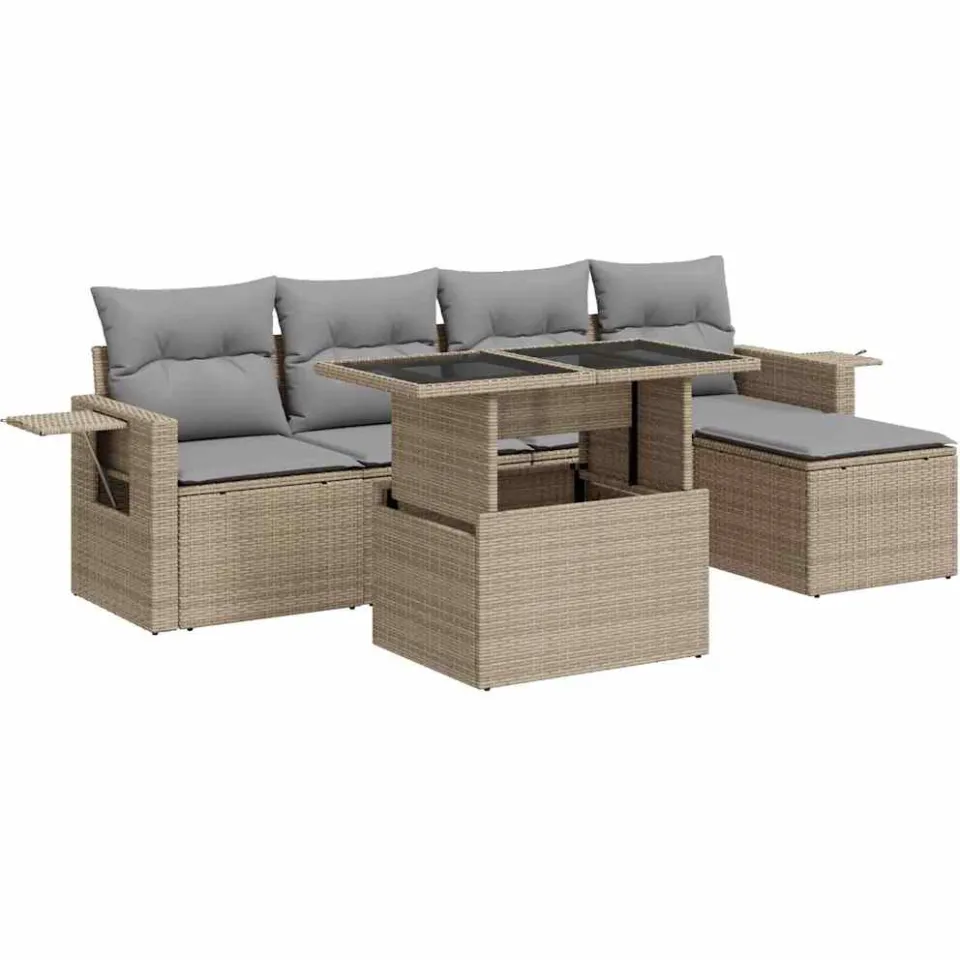 vidaXL 6-delige Loungeset met kussens poly rattan beige, foto 3