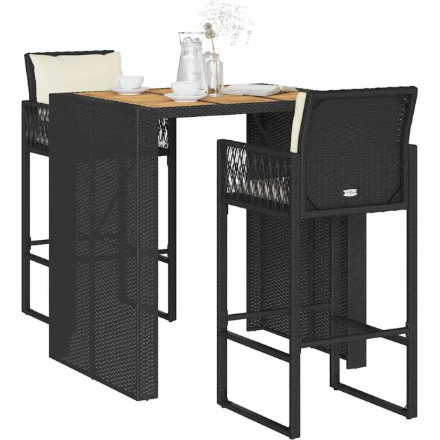 vidaXL 3-delige Tuinbarset met kussens poly rattan acacia zwart
