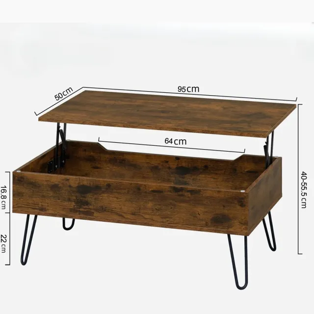 OKWISH Salontafel - In Hoogte Verstelbaar Met Verborgen Opbergruimte - Voor Woonkamer En Werken - Houtlook Bruin - 95 cm Rustiek Bruin