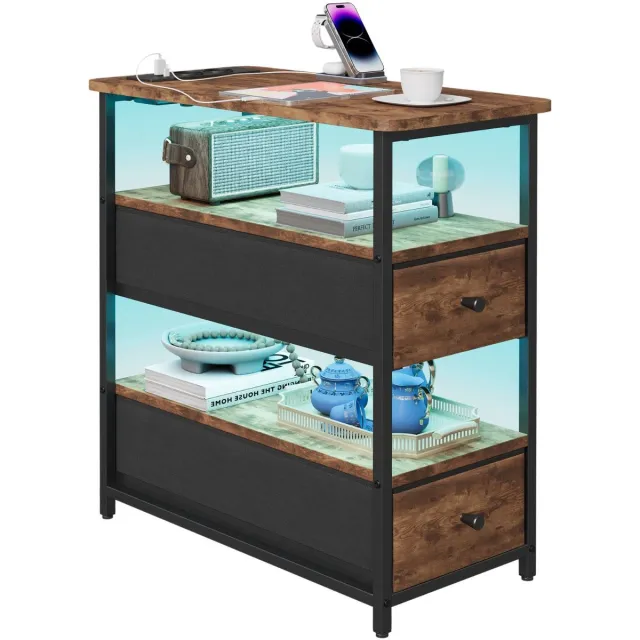 Happiq Smalle Nachtkast 28 x 58 x 60,5 cm - Bedtafel met 2 Lades, LED Verlichting en USB-aansluiting - Luipaardprint Bruin