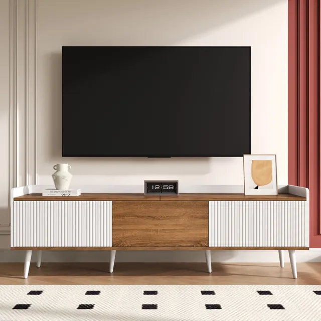 Pugsdrly TV-kast 160 L x 39 B x 49,5 H 3-deurs onderkast wit met natuurlijke houtafwerking modern design woonkamer meubel Natuurlijk+Wit