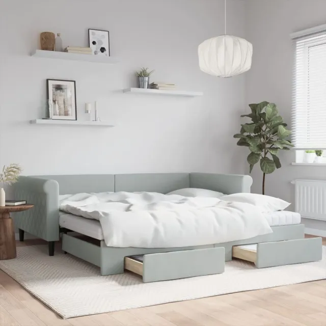 vidaXL Slaapbank onderschuifbed en lades 100x200 cm fluweel lichtgrijs grijs