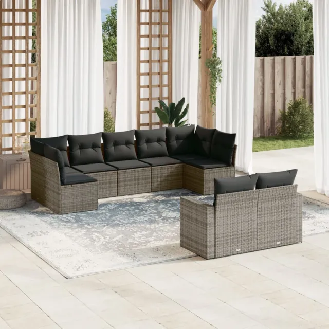 vidaXL 9-delige Loungeset met kussens poly rattan grijs, foto 2