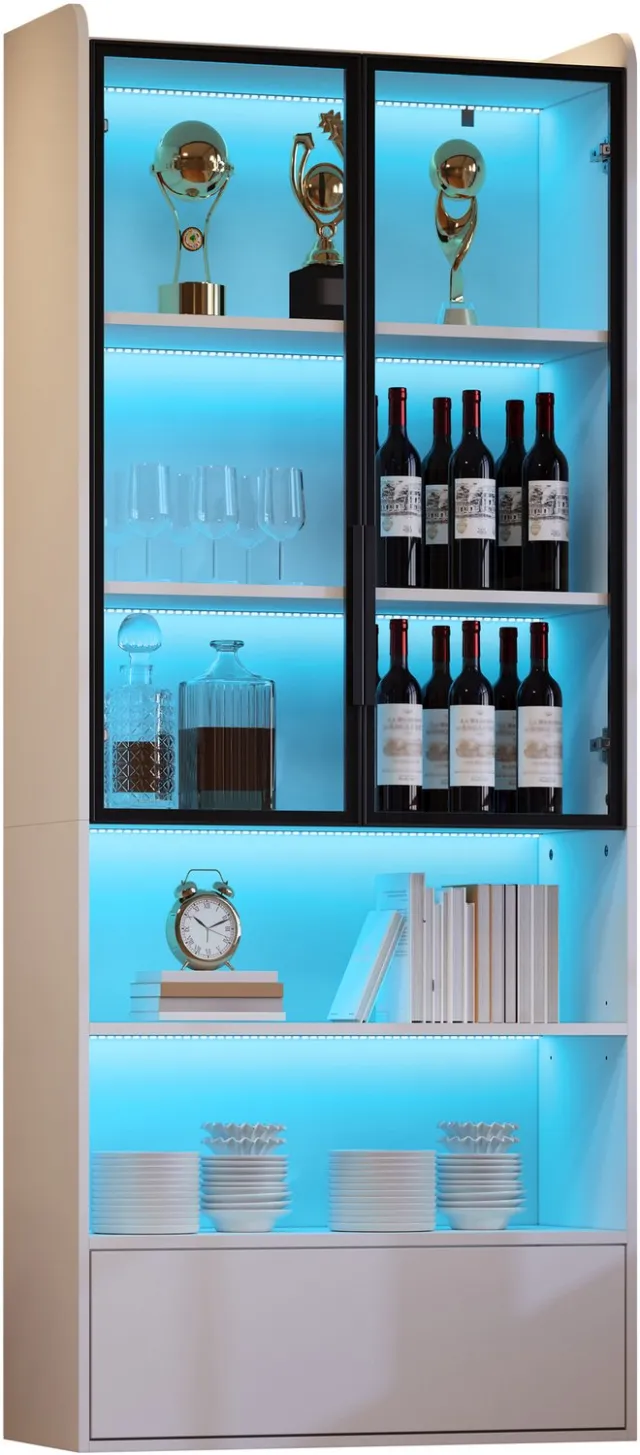 Maisentiel Witte vitrinekast met glazen deuren, LED-verlichting en lade - 80 x 34 x 180 cm