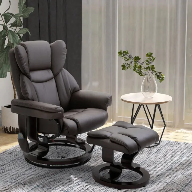 OKWISH Relaxfauteuil met Massagefunctie en Hocker – 145 Graden Ligfunctie en 360 Graden Draaibaar – Voor Ontspanning – Kunstleer – Bruin
