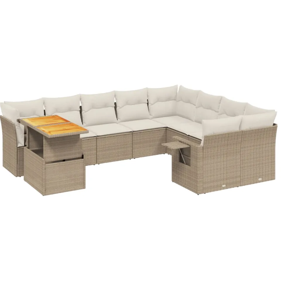 vidaXL 10-delige Loungeset met kussens poly rattan beige, foto 3