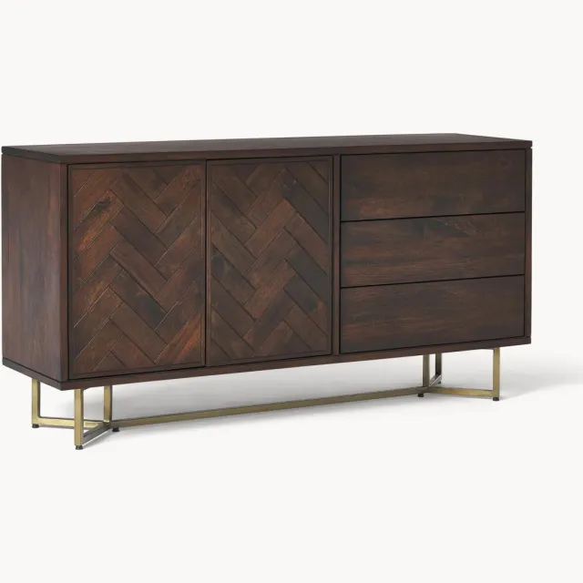 Westwing Collection Dressoir Luca van mangohout met visgraat-patroon Goudkleurig