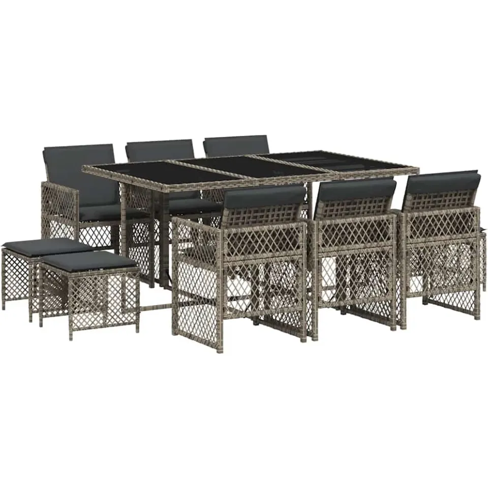 vidaXL 11-delige Tuinset met kussens poly rattan grijs