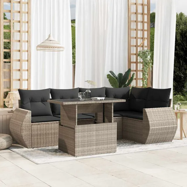 vidaXL 6-delige Loungeset met kussens poly rattan lichtgrijs grijs, foto 2