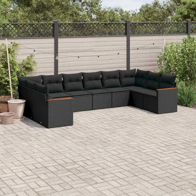 vidaXL 10-delige Loungeset met kussens poly rattan zwart, foto 2