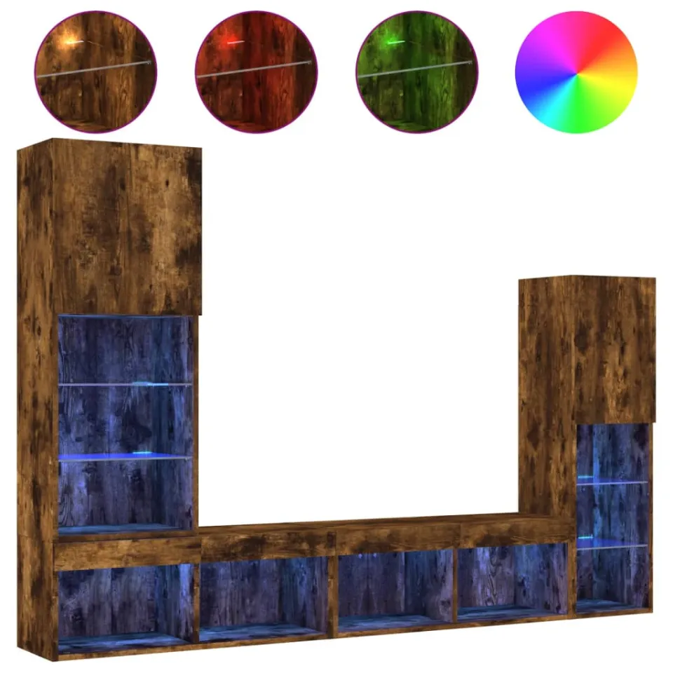 vidaXL 8-delige tv-wandmeubelset met LED bewerkt hout gerookt eiken, foto 4