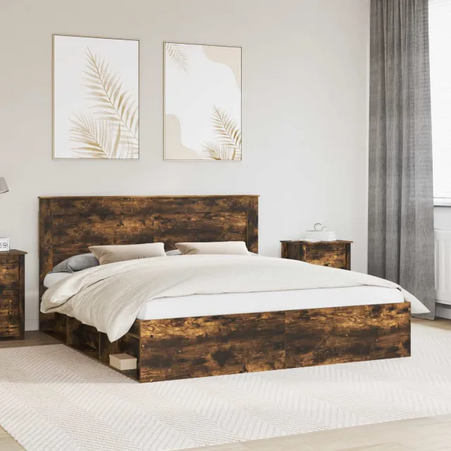 vidaXL Bedframe Gerookt eiken 200 x 200 cm Bewerkt hout Bruin