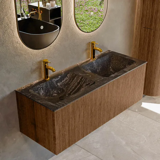 Mondiaz KURVE-DLUX 120 cm Onderkast Greeploos 1 Lade Zonder Deuren Walnut, Wastafel Solid Surface Dubbel Lava 2 Kraangaten Zonder Spiegel (KRVLEA1201L0D2KD-Wal/Lav)
