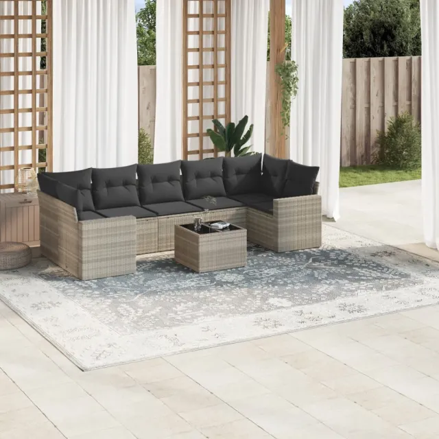 vidaXL 8-delige Loungeset met kussens poly rattan lichtgrijs grijs, foto 2