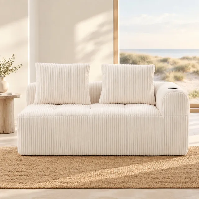 WUVRIE 2-zitsbank 158x93x61 cm - Ribfluweel met zijvakken en bekerhouders - Beige