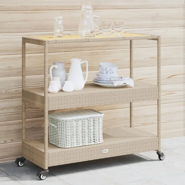 vidaXL Keukentrolley 3-laags poly rattan en massief acaciahout beige, foto 2