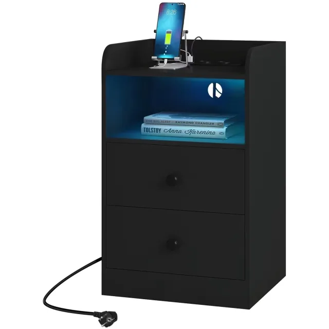 D&J Nachtkastje - Nachtkastje met oplaadstation - USB poorten - LED licht - Zwart - Slaapkamer - Hout - 2 Lades - 40 x 64 x 35 cm Wit