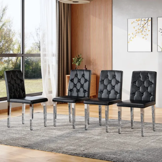 MODENUIT Eetkamerstoel - Set Van 4 - Ruitgestikte Rugleuning - Voor Eetkamer En Horeca - PU Zwart/Zilver Zwart+Zilver