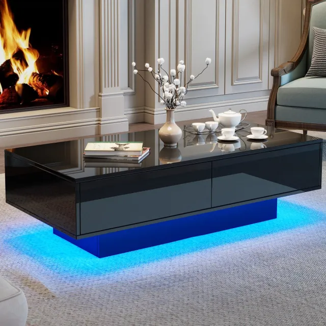 Clruro Moderne Zwarte Hoogglans Salontafel - 115x55x34 cm - 2 Lades - LED Verlichting - 30 kg Belastbaarheid
