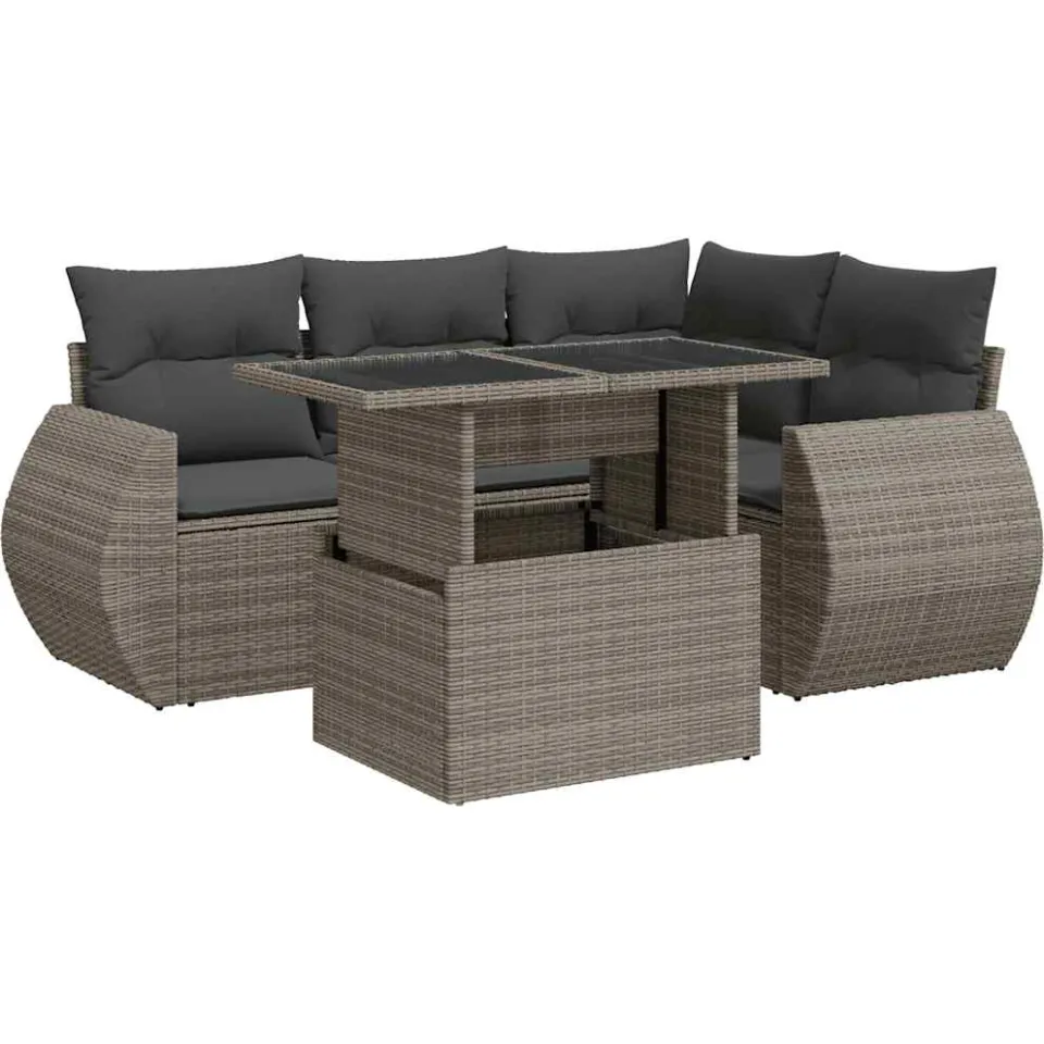 vidaXL 5-delige Loungeset met kussens poly rattan grijs, foto 3