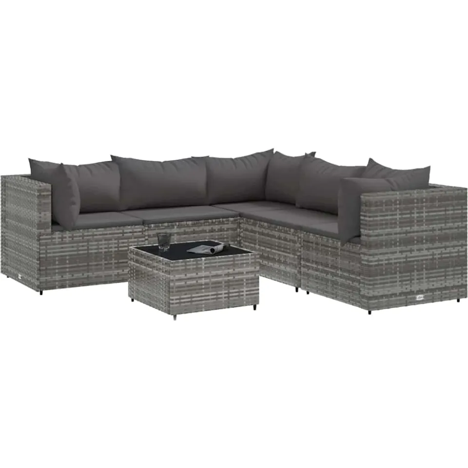 vidaXL 6-delige Loungeset met kussens poly rattan grijs, foto 4