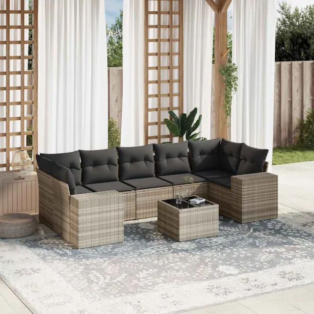 vidaXL 8-delige Loungeset met kussens poly rattan lichtgrijs grijs, foto 2