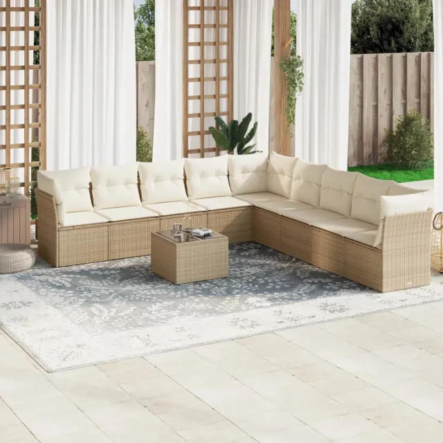 vidaXL 10-delige Loungeset met kussens poly rattan beige, foto 2