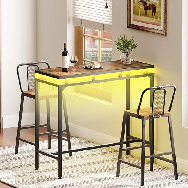 Thuys Statafel met LED-Verlichting – Zwevend Effect – Smalle Bartafel / Consoletafel – Industriële Keukenbar met RGB-Licht & Muzieksynchronisatie – Vintage Bruin/Zwart