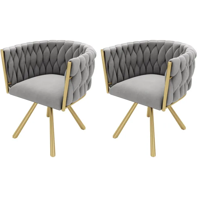 Merax Fluwelen eetkamerstoel - set van 2 - Eenpersoons Deluxe Woonkamer - Slaapkamer Draaistoel - Lounge Draaistoel - Metaal - Grijs en Goud